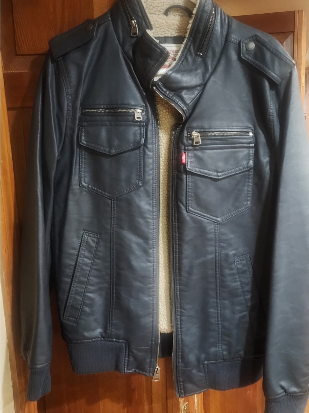 Levi's Navy Faux Leather Bomber Jacket with Sherpa Lining